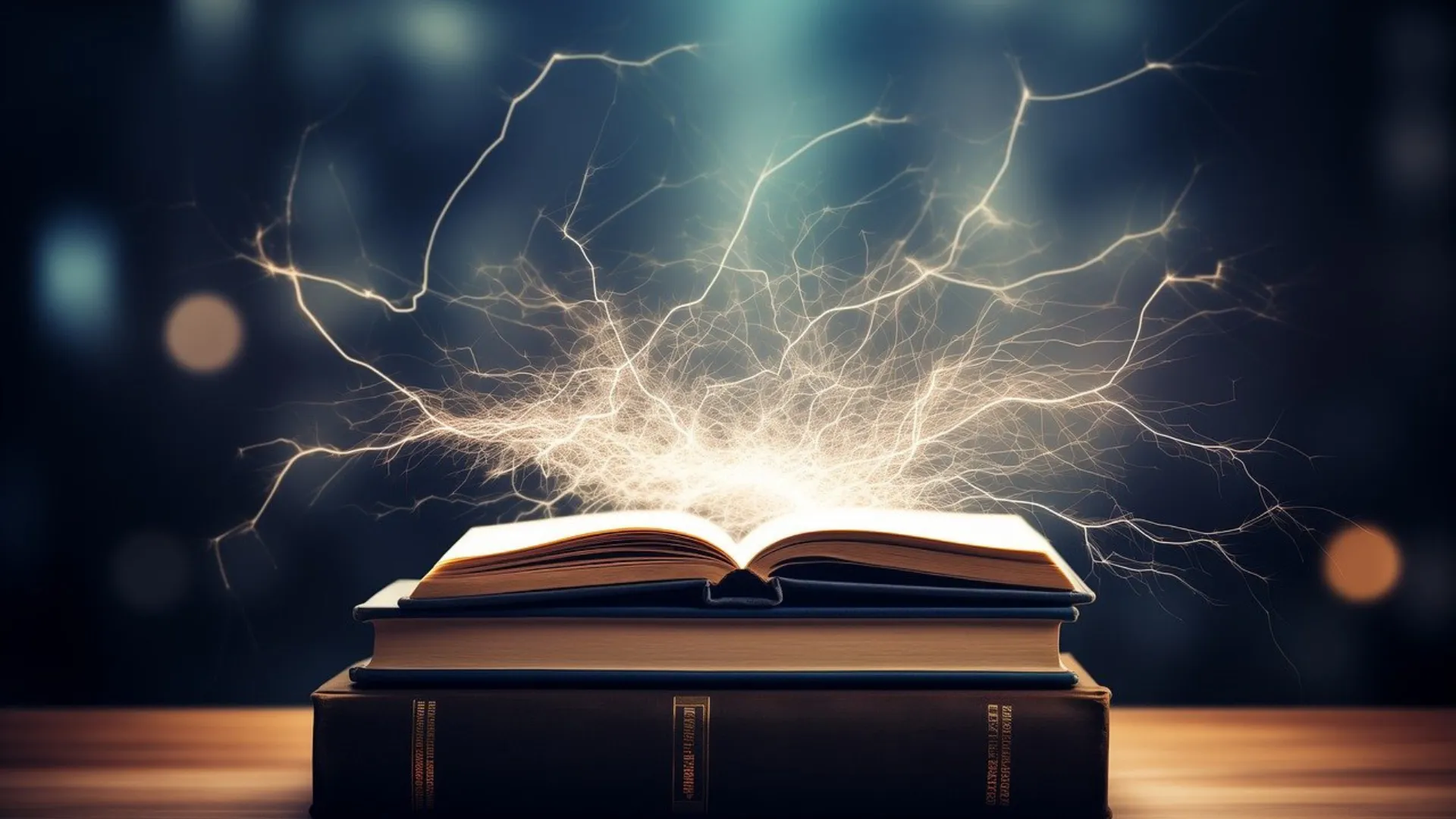 Un livre est posé ouvert sur deux autres livres et de l'énergie s'en dégage en plusieurs petits éclairs narratifs.