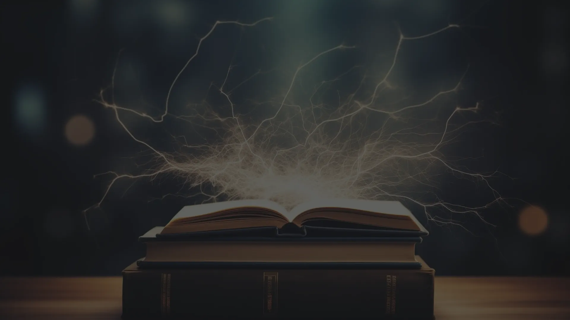 Un livre est posé ouvert sur deux autres livres et de l'énergie s'en dégage en plusieurs petits éclairs narratifs.