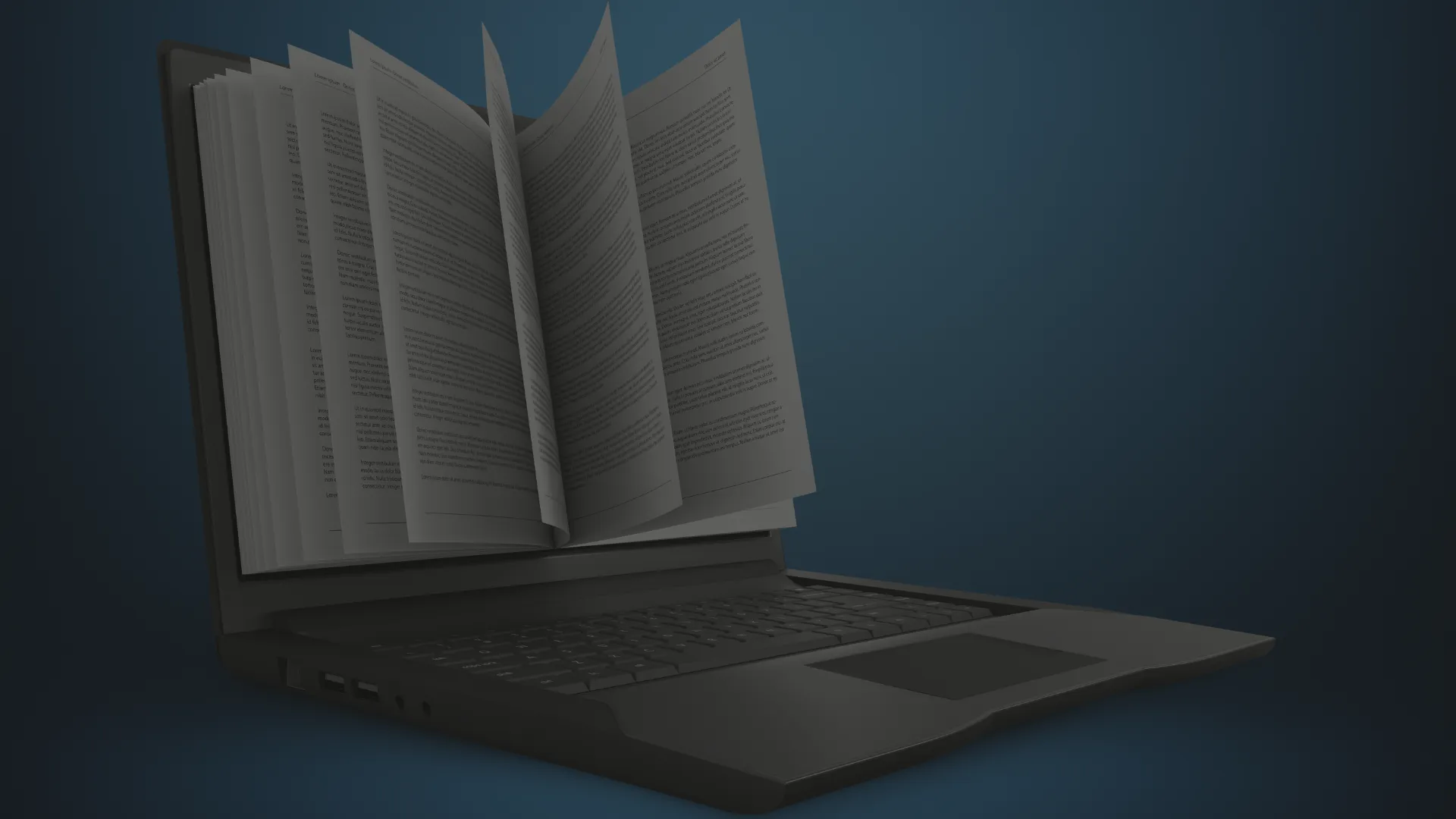 Un ordinateur est posé, ouvert, sur un fond bleu. Un livre dont les pages se tournent fait office d'écran.