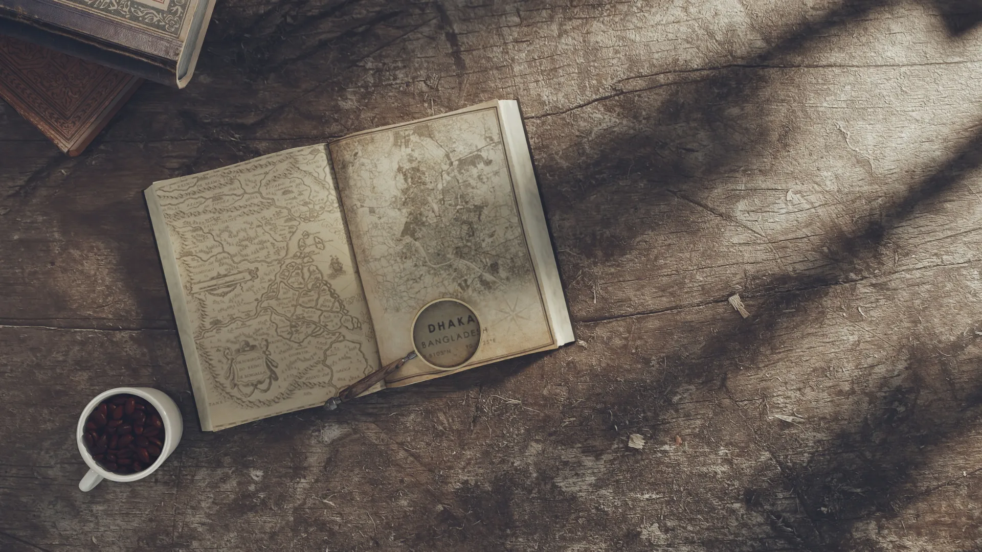 Un vieux livre dont vous êtes le héros, ouvert sur une table en bois avec une loupe qui montre un indice.