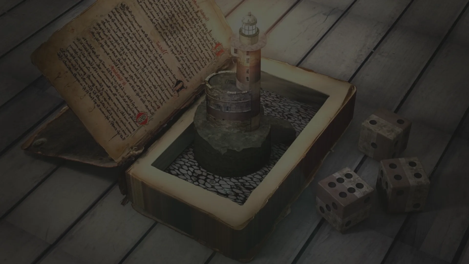 Un vieux livre dont vous êtes le héros ouvert avec un phare au milieu de la page et trois dés sur le côté.