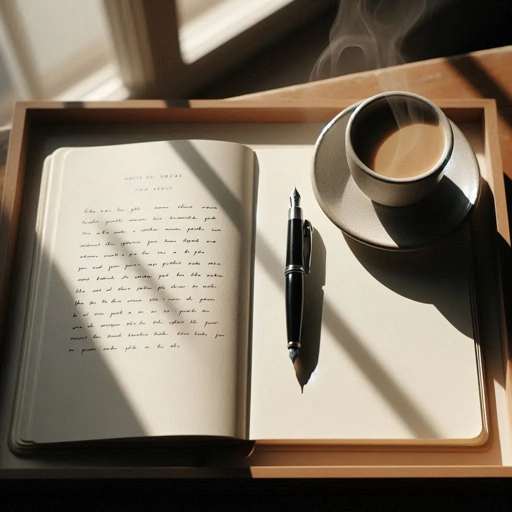 Un carnet est ouvert avec un stylo plume posé dessus. Une petite histoire est écrite sur la page gauche, symbolisant le rendu d'un atelier d'initiation.