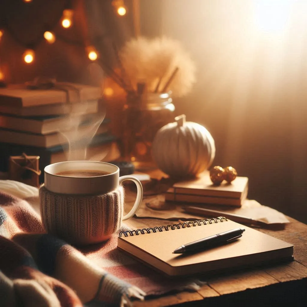 Un carnet est posé sur une table en bois, fermé. Une tasse fumante à côté. Une pile de carnet attendant dans le fond, signe d'un long travail dans les cycles d'ateliers.