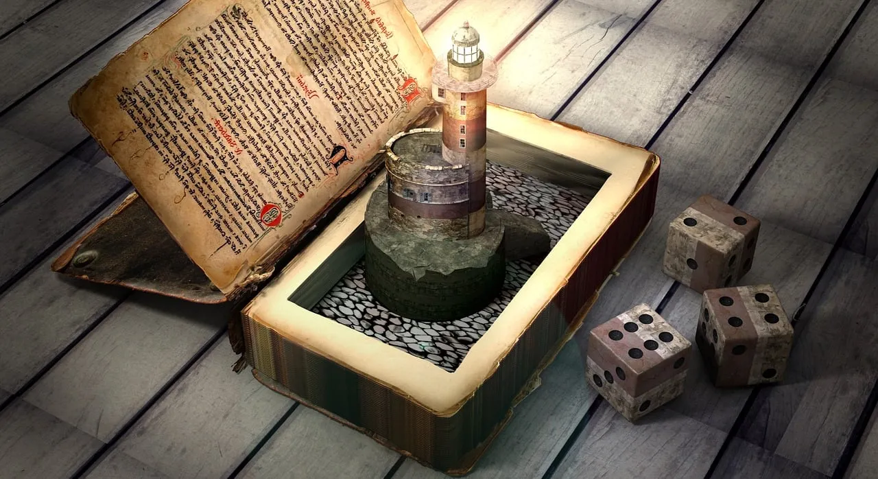 Image-article-les-4-etapes-pour-ecrire-son-livre-dont-vous-etes-le-heros Un vieux livre dont vous êtes le héros ouvert avec un phare au milieu de la page et trois dés sur le côté.